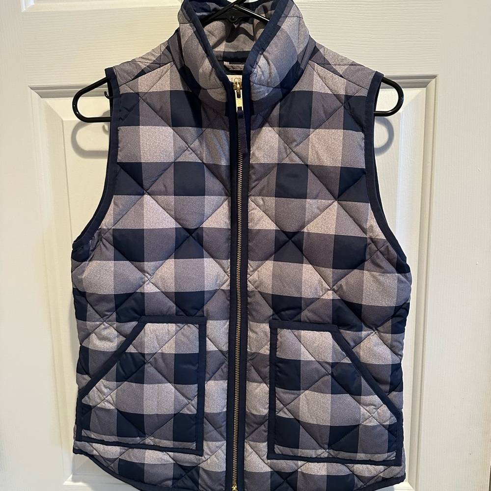 J. Crew Navy Gray Plaid Down Feather Puffer Quilted Vest Full Zip XS
